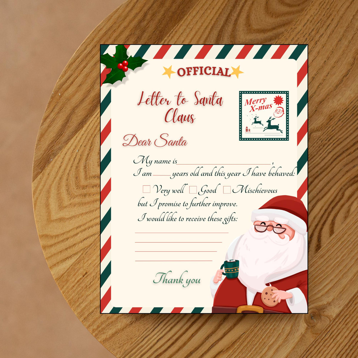 Santa Letter Template for Kids 8.5x11 inch , Christmas Printable PDF