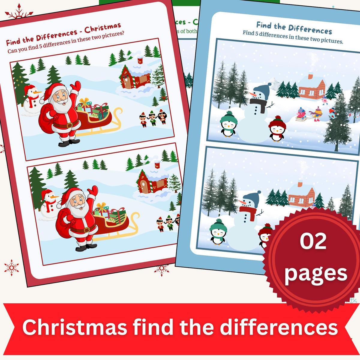 Christmas Find the Difference Printable | 2 Pages + Answer Key | Kids Holiday Activity