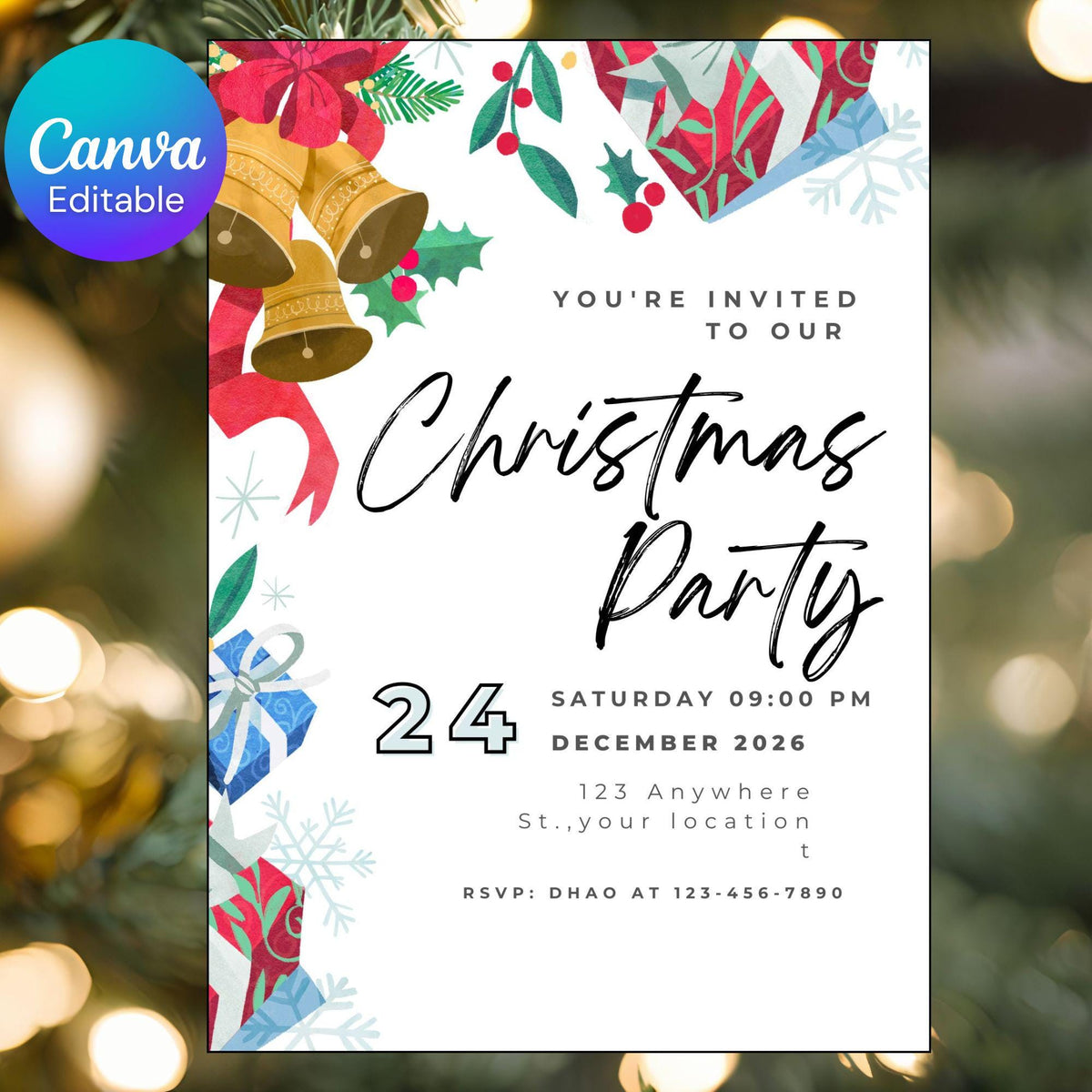 Printable Christmas Party Invitation Template, Digital 5x7 Holiday Invitation, Editable Xmas Invite, Instant Download