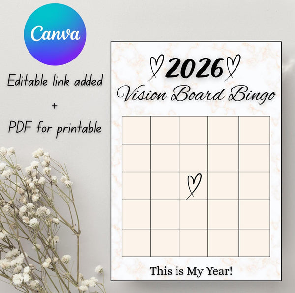 2026 Vision Board Bingo Printable & Editable | Goal Setting Bingo | Manifestation Planner | Canva Template