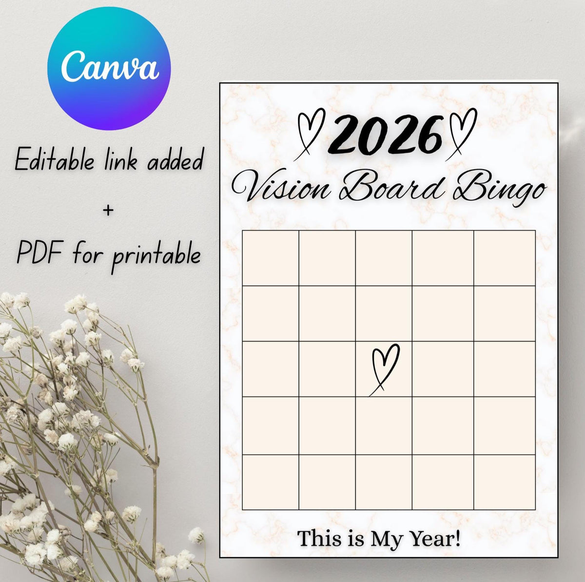 2026 Vision Board Bingo Printable & Editable | Goal Setting Bingo | Manifestation Planner | Canva Template