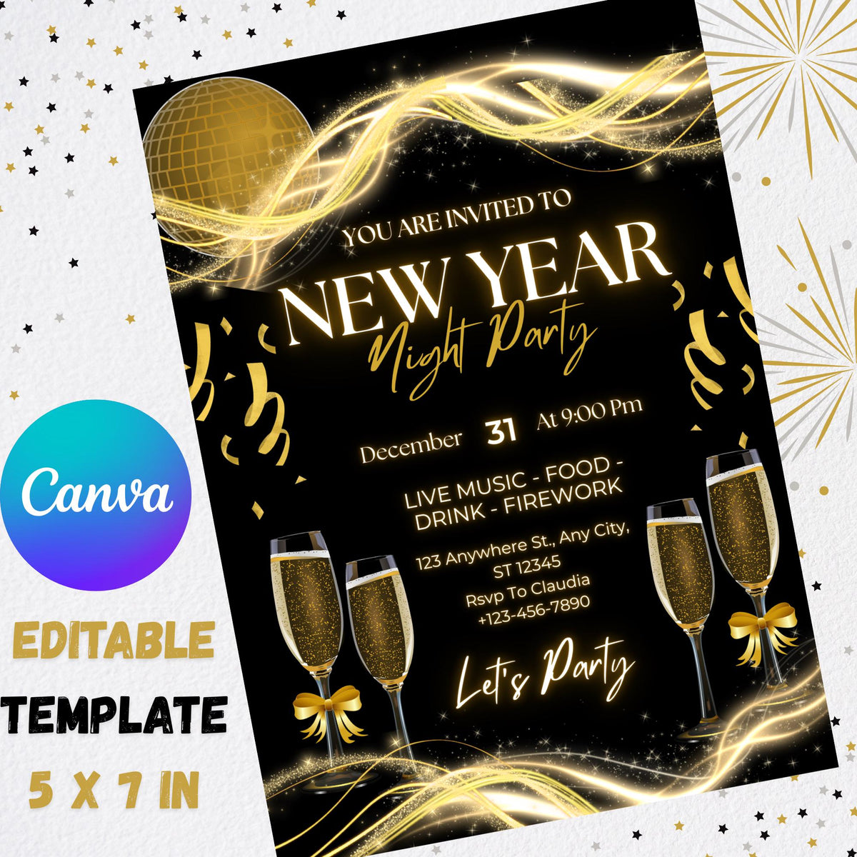 New Year Party Invitation Template | Editable Canva NYE Invite | Black Gold Invitation | 5x7 Printable