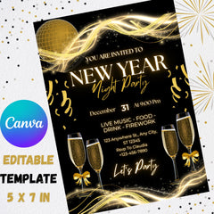 New Year Party Invitation Template | Editable Canva NYE Invite | Black Gold Invitation | 5x7 Printable