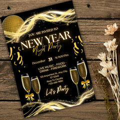 New Year Party Invitation Template | Editable Canva NYE Invite | Black Gold Invitation | 5x7 Printable