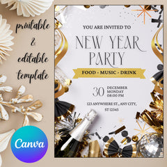 New Year Party Invitation Template |Beige Black  Editable Canva Invite | 5x7 Printable