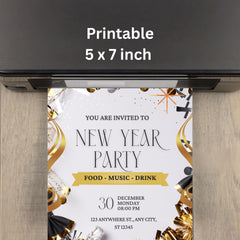 New Year Party Invitation Template |Beige Black  Editable Canva Invite | 5x7 Printable