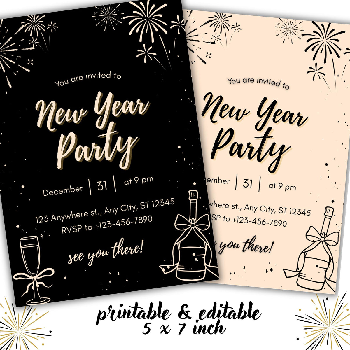 New Year Party Invitation Template | Editable & Printable 5x7 in | Black and Beige NYE Invite