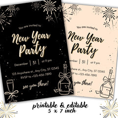 New Year Party Invitation Template | Editable & Printable 5x7 in | Black and Beige NYE Invite
