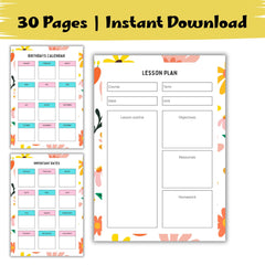 2026 Teacher Planner Printable | Floral Lesson Plans, Attendance (PDF)