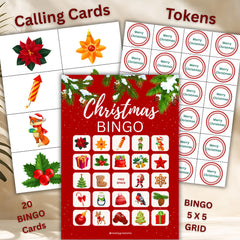Christmas Bingo Game Printable | Calling Cards + Tokens  A4 size  | 20 BINGO Cards 5 x 7 inch| Instant Download