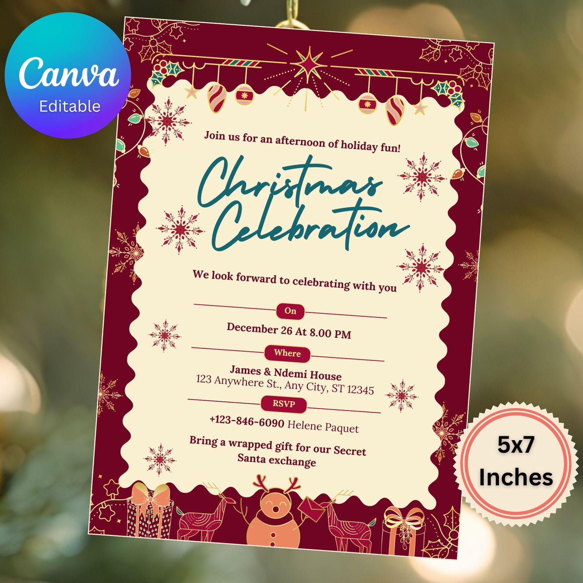 Editable Christmas Party Invitation Template | Burgundy and Gold (Digital Canva 5x7 Card)