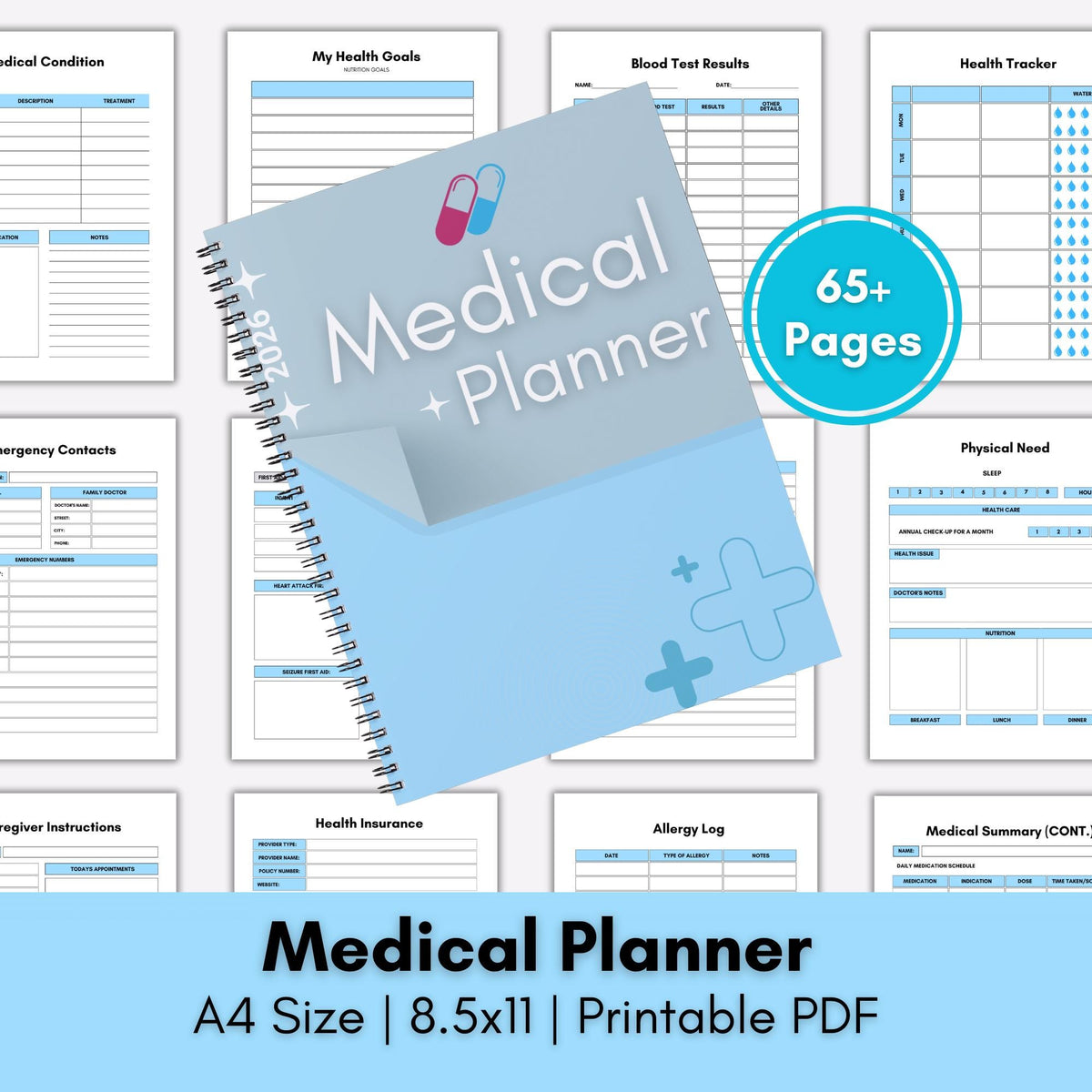 Undated Medical Planner Printable | Health Tracker, Medication Log (A4/US Letter) (PDF Download)