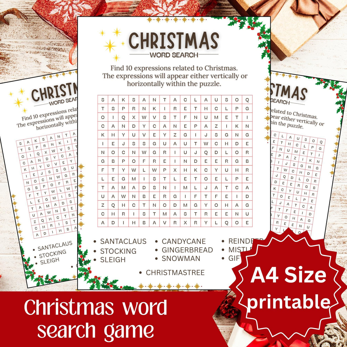 Christmas Word Search Printable | Holiday Activity Worksheet | Kids Christmas Game| A4 size