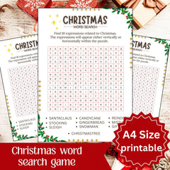Christmas Word Search Printable | Holiday Activity Worksheet | Kids Christmas Game| A4 size