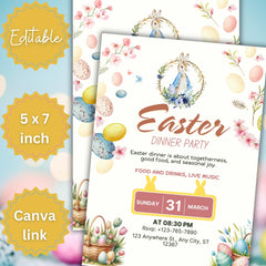 Easter Dinner Party Invitation | Spring Bunny, Floral Design (Editable Canva Template)
