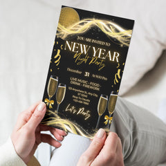 New Year Party Invitation Template | Editable Canva NYE Invite | Black Gold Invitation | 5x7 Printable