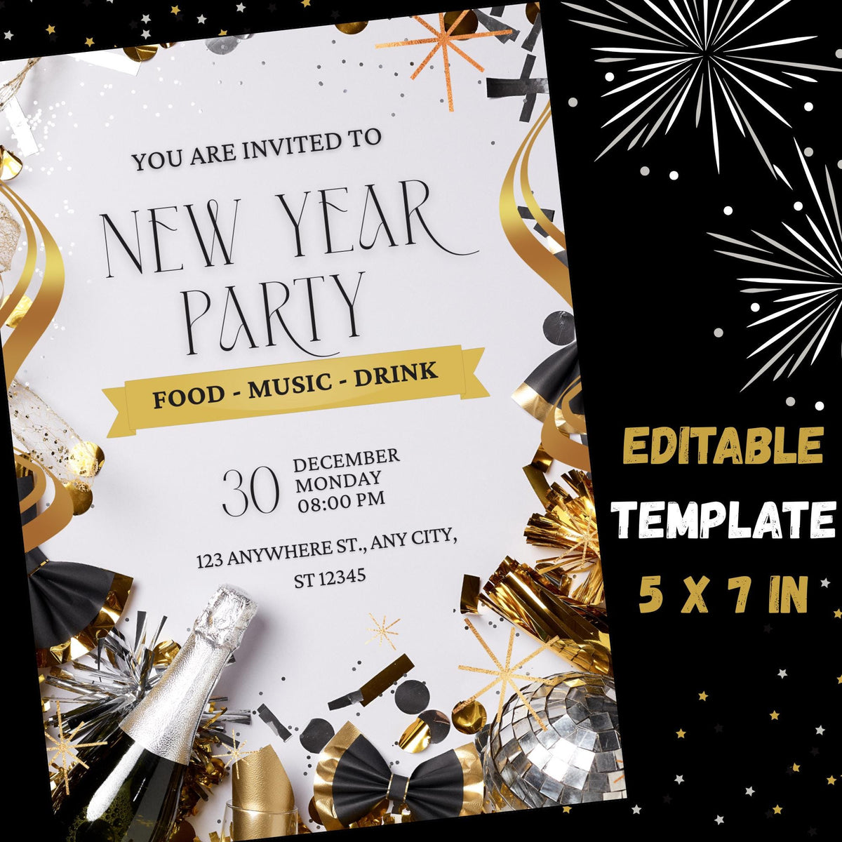 New Year Party Invitation Template |Beige Black  Editable Canva Invite | 5x7 Printable