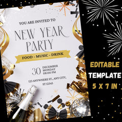 New Year Party Invitation Template |Beige Black  Editable Canva Invite | 5x7 Printable