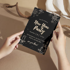 New Year Party Invitation Template | Editable & Printable 5x7 in | Black and Beige NYE Invite