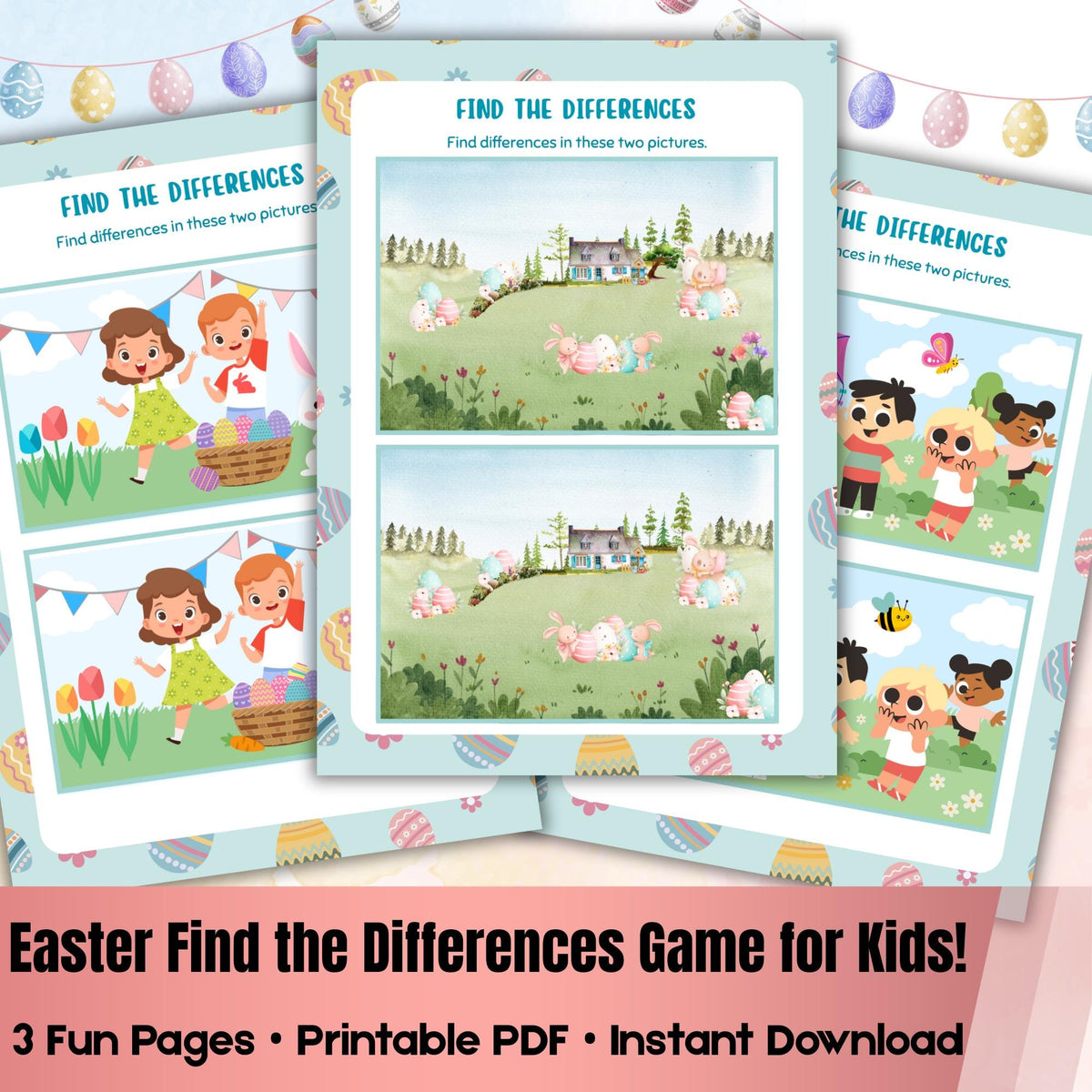 Easter Find the Differences Game Printable | Easter Activity for Kids | Spring Spot the Difference Puzzle PDF
