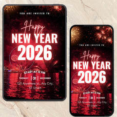2026 Happy New Year Animated Video Invite | Red & Black Fireworks | Mobile Invite