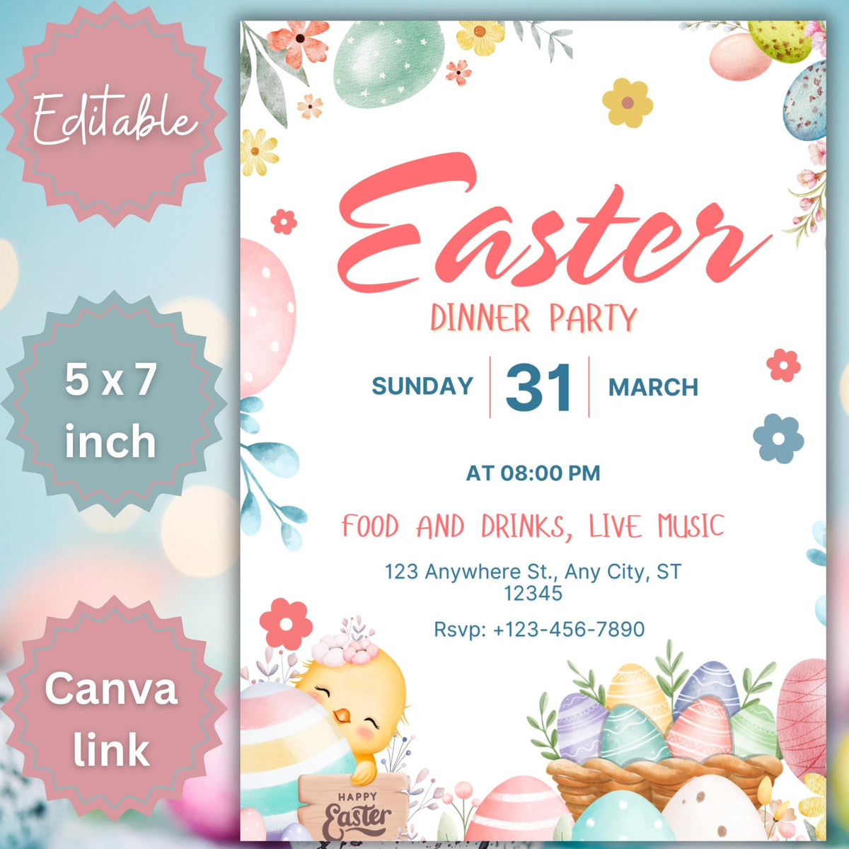 Easter Dinner Party Invitation Template | Editable 5x7 (Canva)