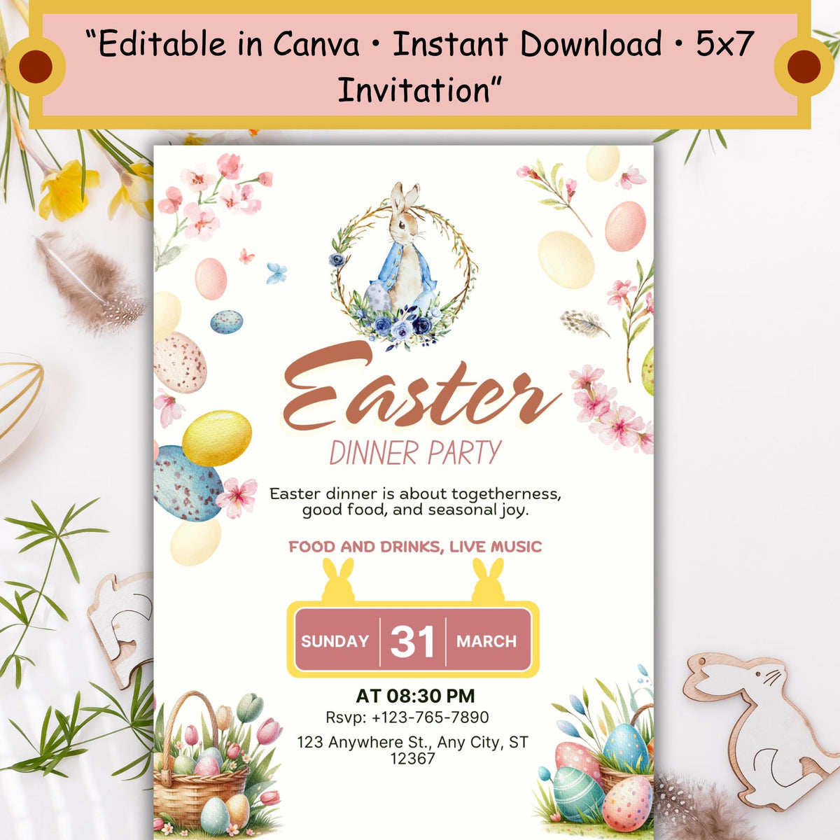 Easter Dinner Party Invitation | Spring Bunny, Floral Design (Editable Canva Template)