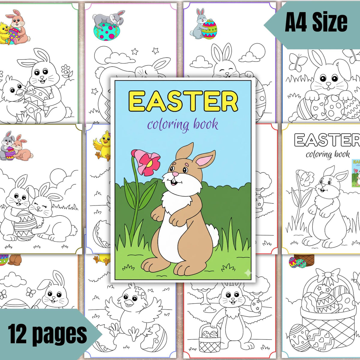 Bunny Easter Coloring Book, Kids Activity Pages, Preschool Activity (A4, Digital Download)