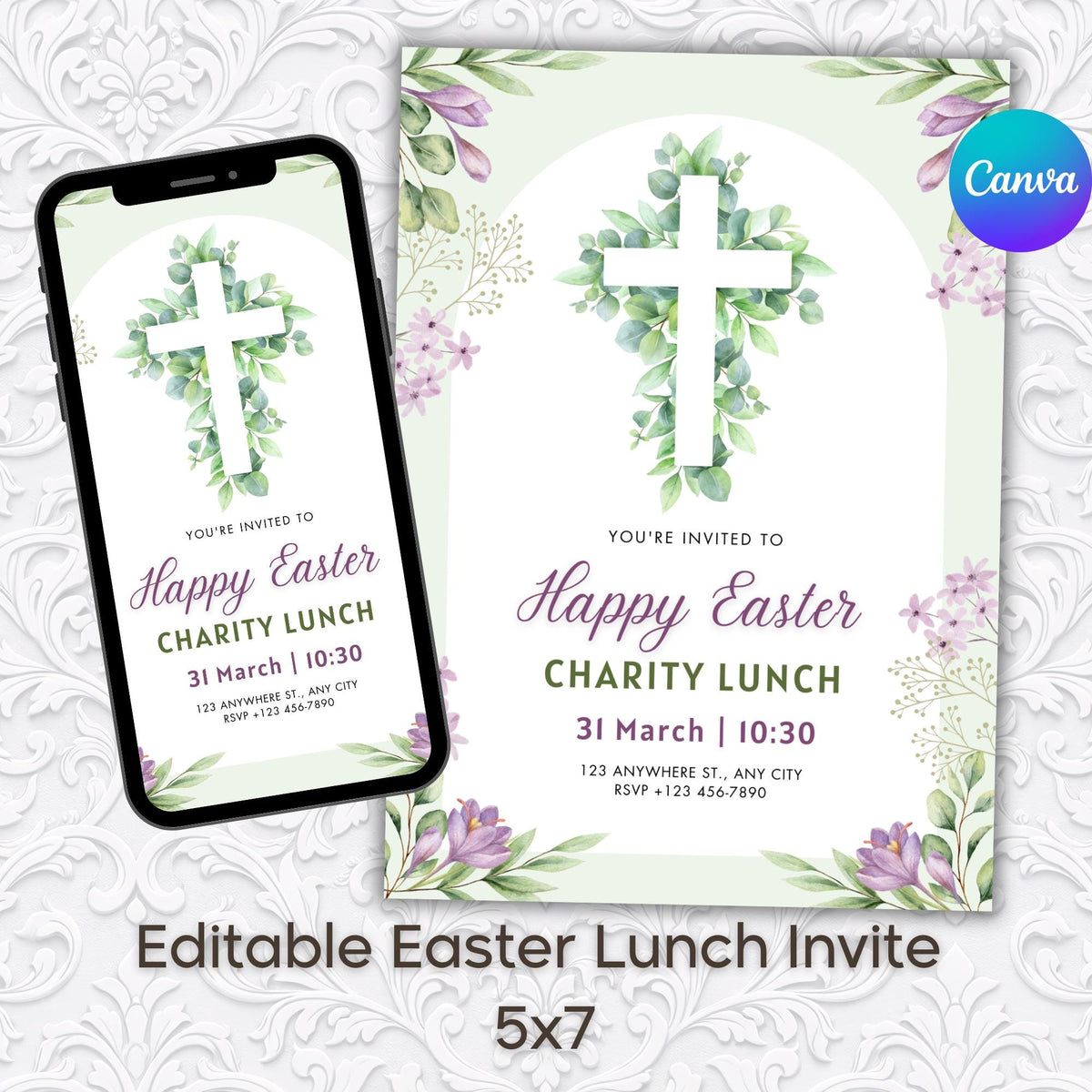 Easter Charity Lunch Invitation Template – Editable Canva 5x7 Printable| Church Fundraiser Invite