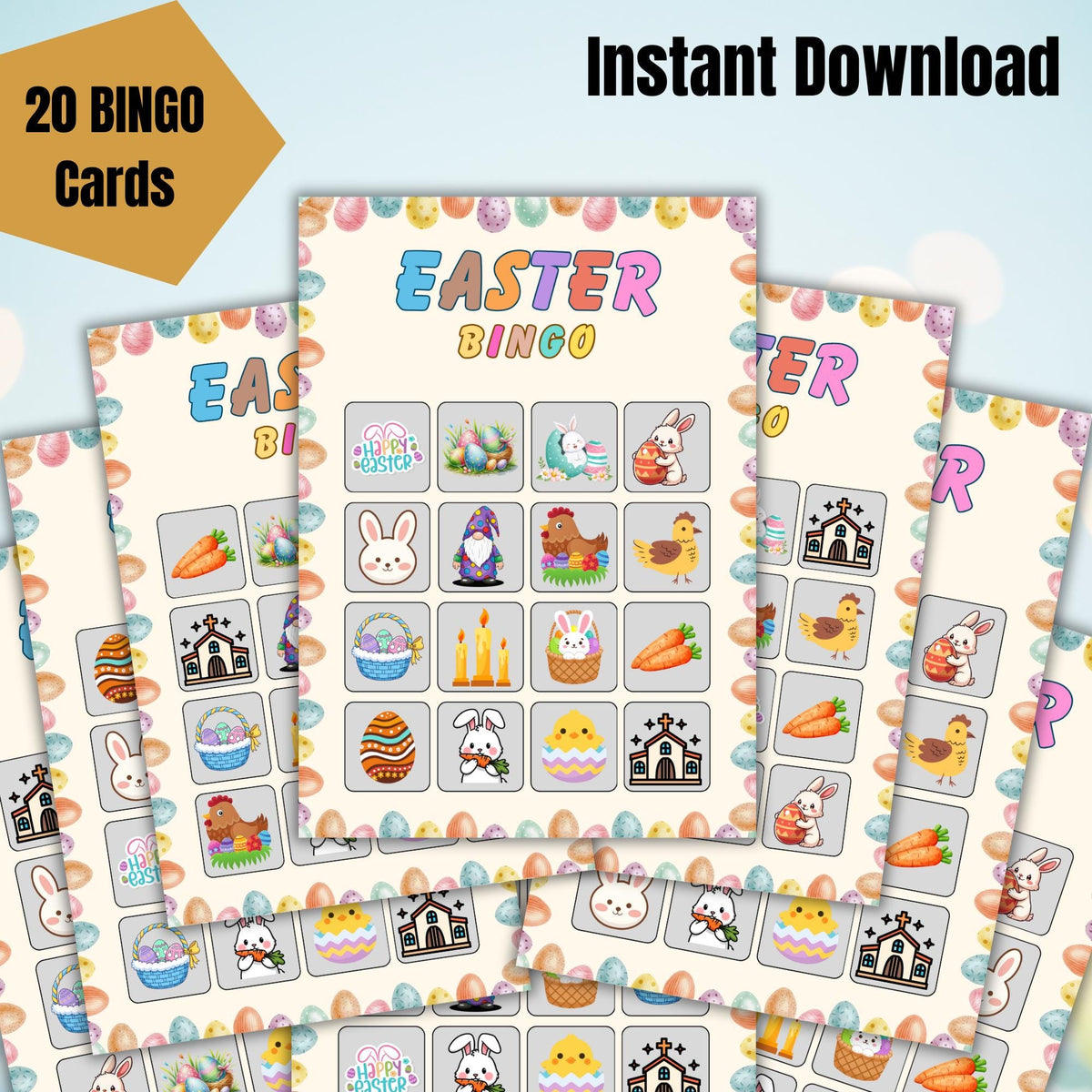 Easter Bingo Game – 20 Printable Cards, Family Activity (PDF Download A4/5x7in)
