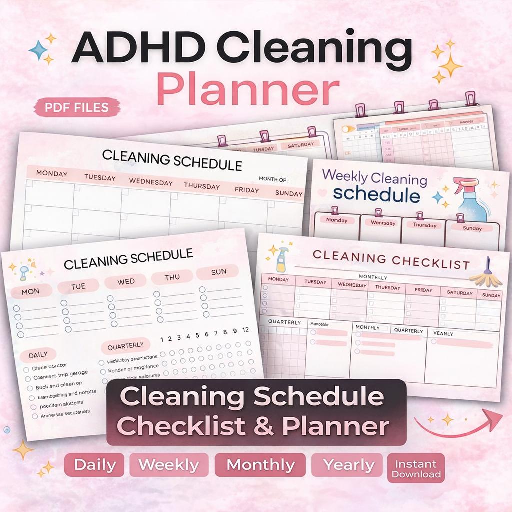 ADHD Cleaning Checklist Planner Printable  | Daily Weekly Monthly Cleaning Schedule PDF