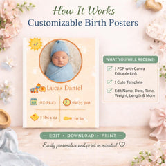 Baby Birth Info Print | New Born Announcement Poster | Nursery Digital Gift | A4, A2, 8x10
