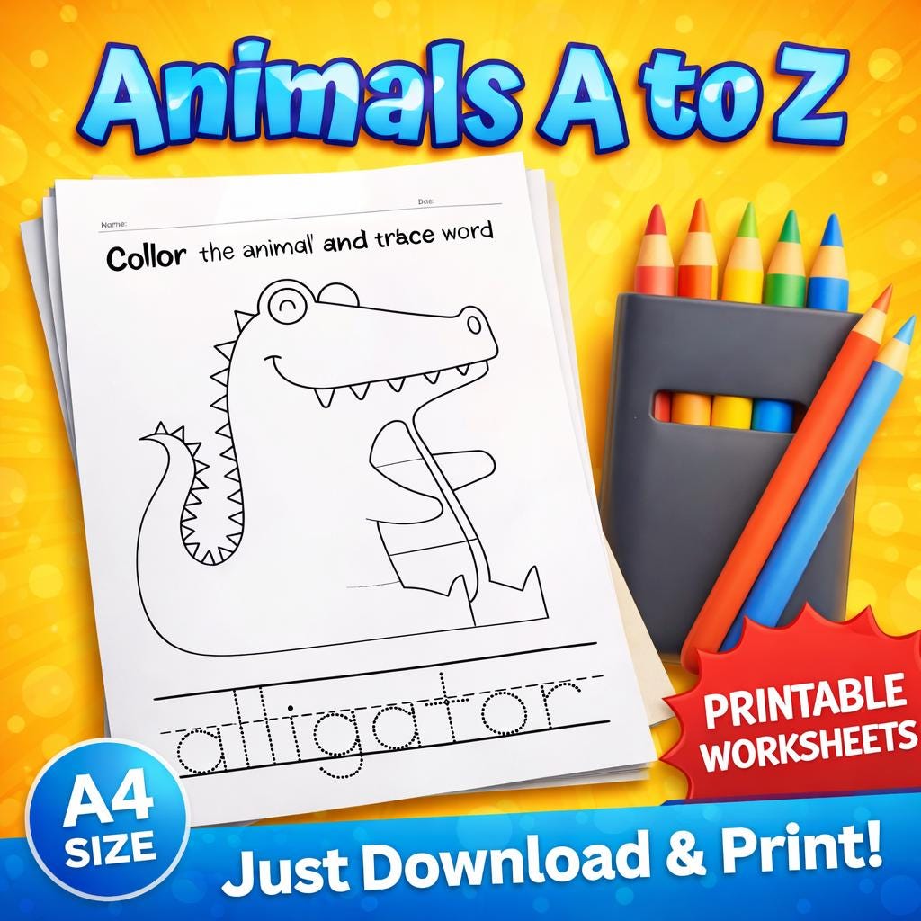 Animals A to Z Coloring and Tracing Worksheet (PDF Download) - Educational Activity for Kids