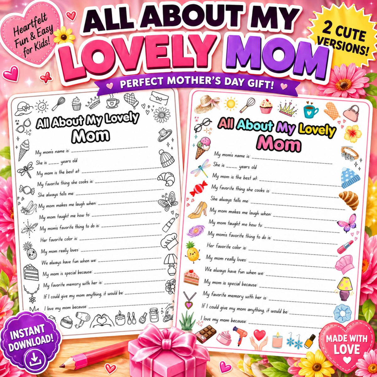All About My Mom Questionnaire | Mother's Day Kids Activity |  Gift for Mom (Instant Download)