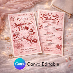 Bachelorette Invitation Template | Canva Editable Weekend Itinerary, Funky Retro Hens Party Invite