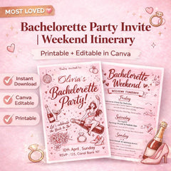 Bachelorette Invitation Template | Canva Editable Weekend Itinerary, Funky Retro Hens Party Invite