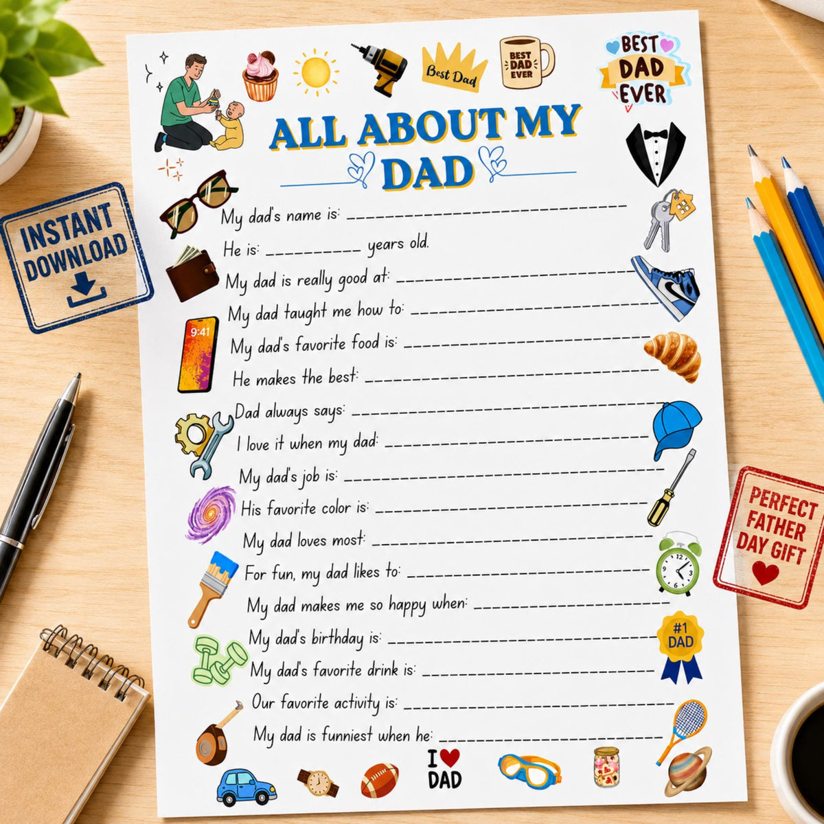 All About My Dad Printable | Father's Day Questionnaire for Kids | Dad Gift From Kids
