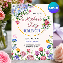Floral Mother’s Day Brunch Invitation Template | Editable Canva 5x7 Peony Invite | Personalized Digital Mother’s Day Brunch & Bubbly