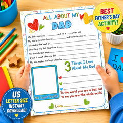 All About My Dad Printable | Fathers Day Questionnaire Card | Dad Gift From Kids