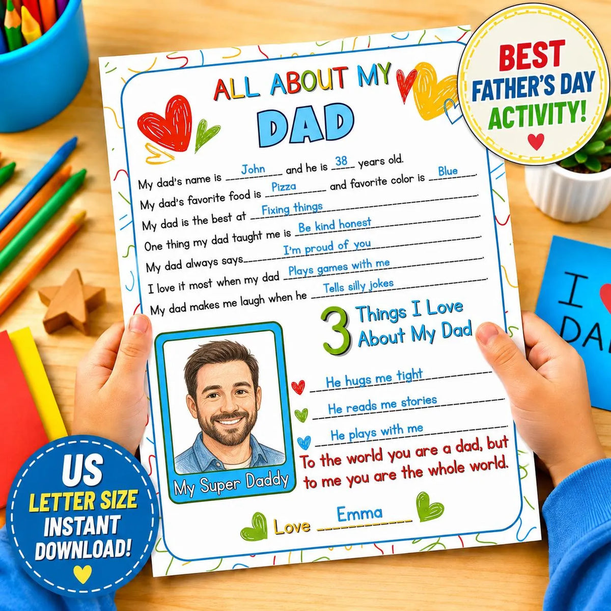 All About My Dad Printable | Fathers Day Questionnaire Card | Dad Gift From Kids