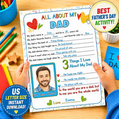 All About My Dad Printable | Fathers Day Questionnaire Card | Dad Gift From Kids