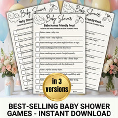 Baby Shower Family Feud Game | Printable Bundle | 3 Unique Versions, Answer Keys Included, Baby Shower Activity