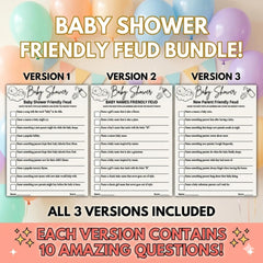 Baby Shower Family Feud Game | Printable Bundle | 3 Unique Versions, Answer Keys Included, Baby Shower Activity