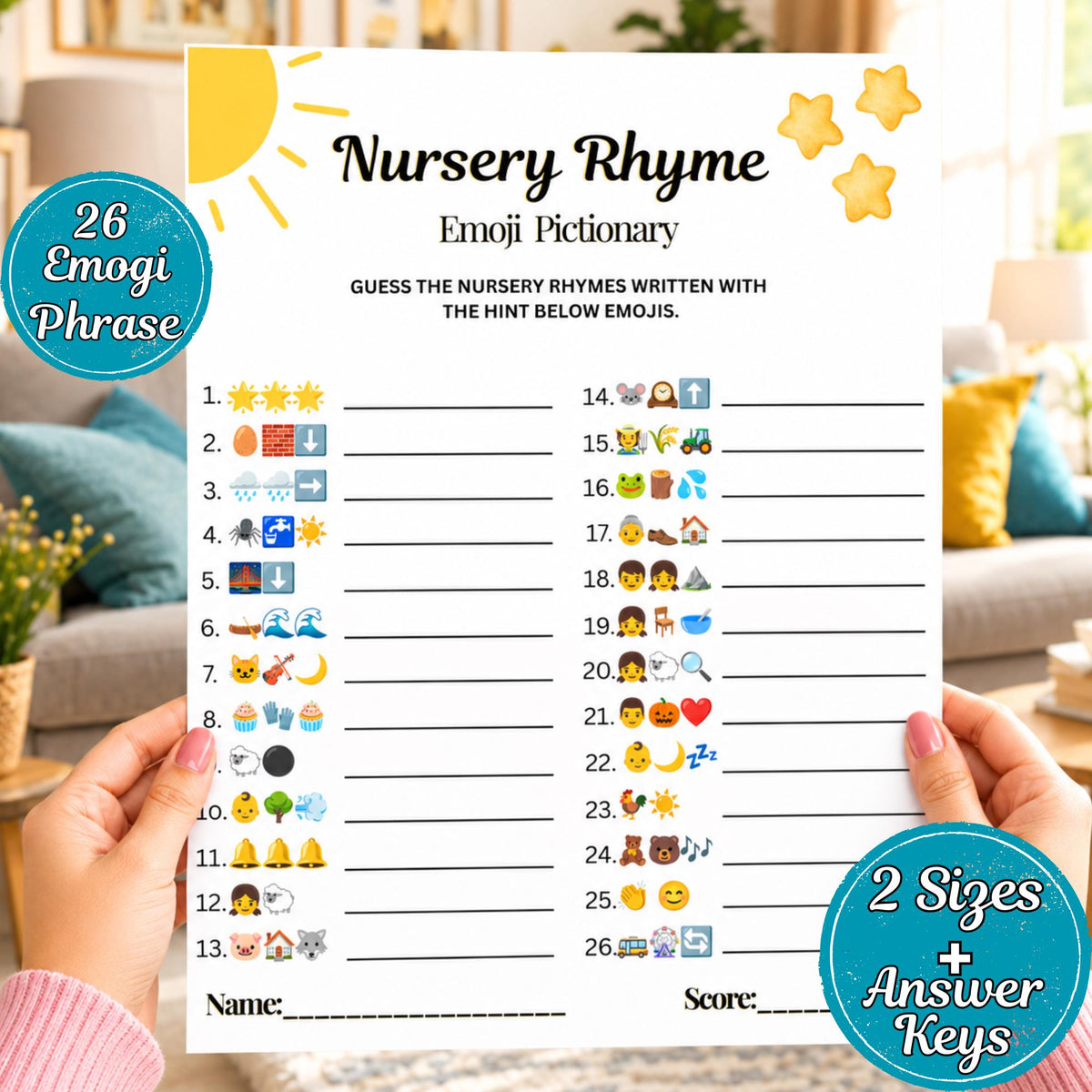 Nursery Rhymes Emoji Game Printable | Baby Shower Emoji Pictionary| Instant Download PDF, Fun Nursery Rhyme Quiz