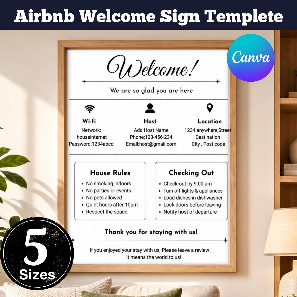 Airbnb Welcome Sign Template | Editable Canva Welcome Board, WiFi & House Rules Sign, VRBO Vacation Rental Printable Download