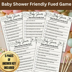 Baby Shower Family Feud Game Printable | 5 Unique Versions, Answer Keys Included | Gender Neutral Baby Shower Activity