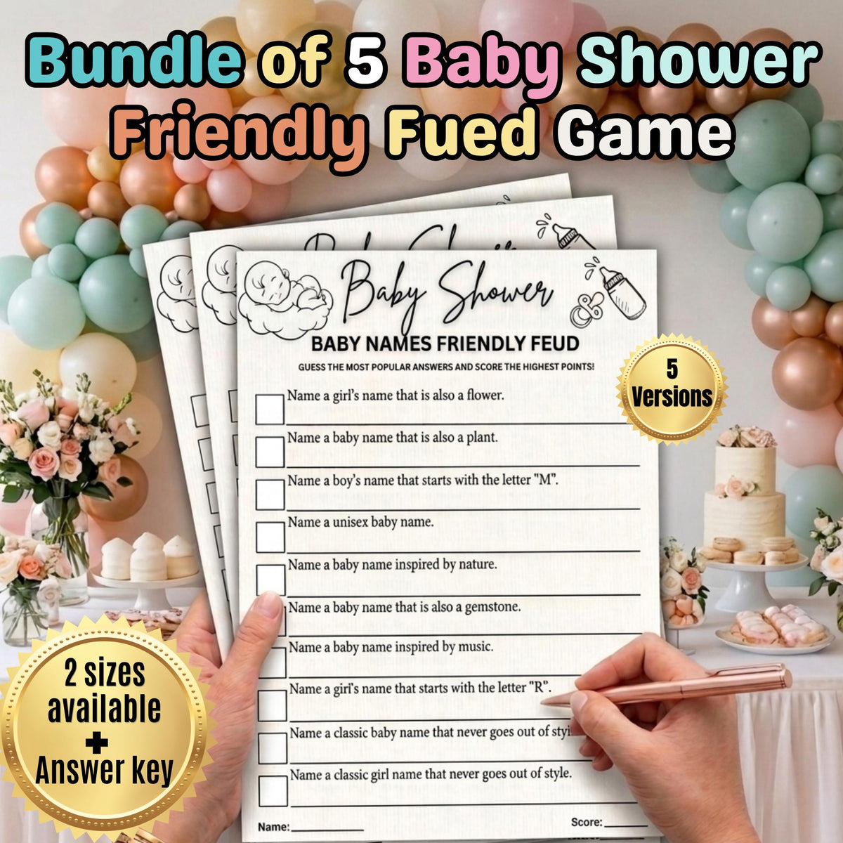 Baby Shower Family Feud Game Printable | 5 Unique Versions, Answer Keys Included | Gender Neutral Baby Shower Activity