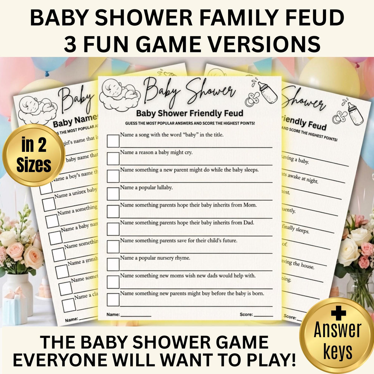 Baby Shower Family Feud Game | Printable Bundle | 3 Unique Versions, Answer Keys Included, Baby Shower Activity