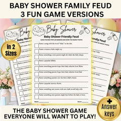 Baby Shower Family Feud Game | Printable Bundle | 3 Unique Versions, Answer Keys Included, Baby Shower Activity