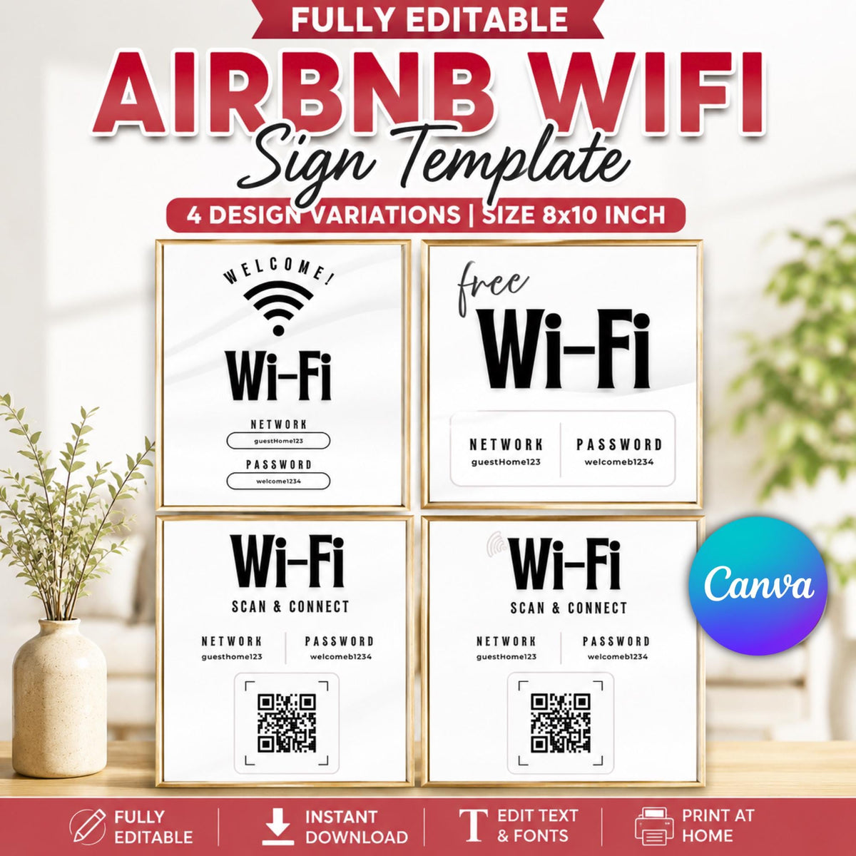 Airbnb WiFi Sign Template Bundle | Editable Canva WiFi Password Sign Set with QR Code | Printable Airbnb Welcome Sign